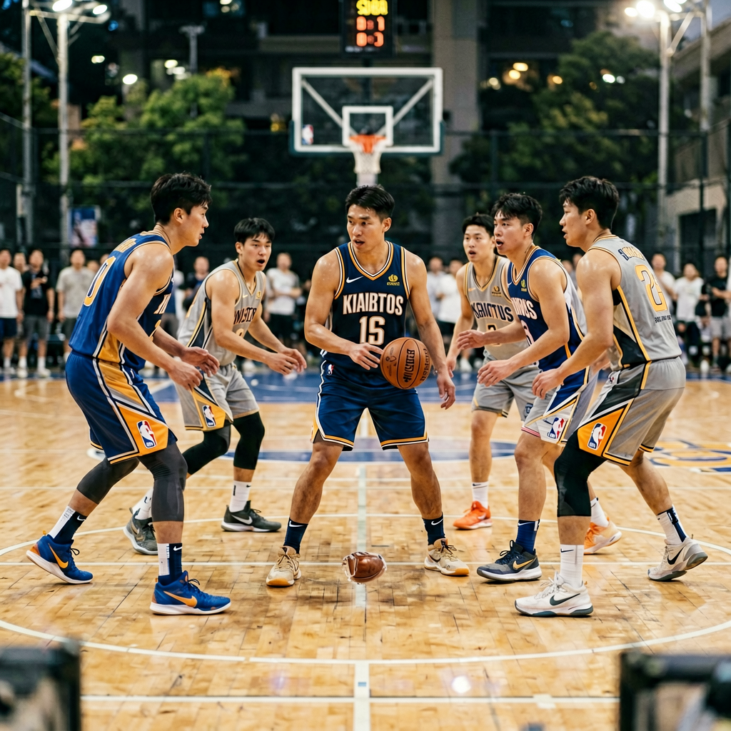 NBA新赛季球队备战训练场景，球员在球场上进行战术演练